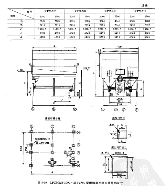 LPCM128-2000~256-2700型側噴脈沖除塵器外形尺寸 LPCM128-2000~256-2700型側噴脈沖除塵器外形尺寸